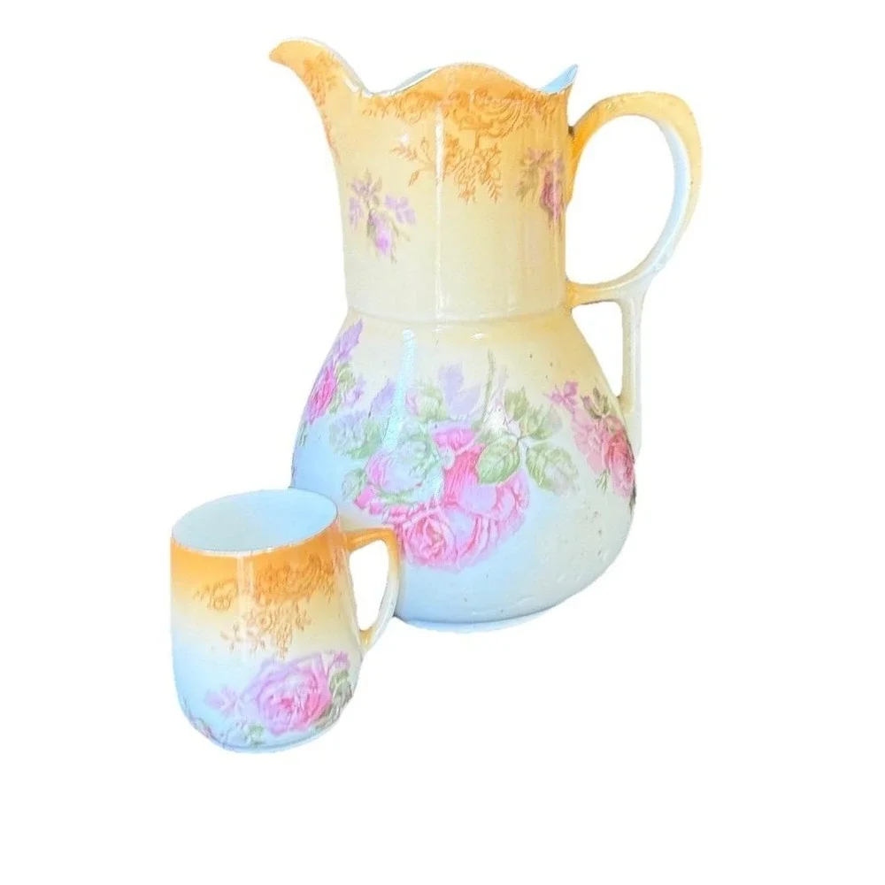 Hermann Ohme Silesia Water Pitcher & Cup Antique Old Florals Rose